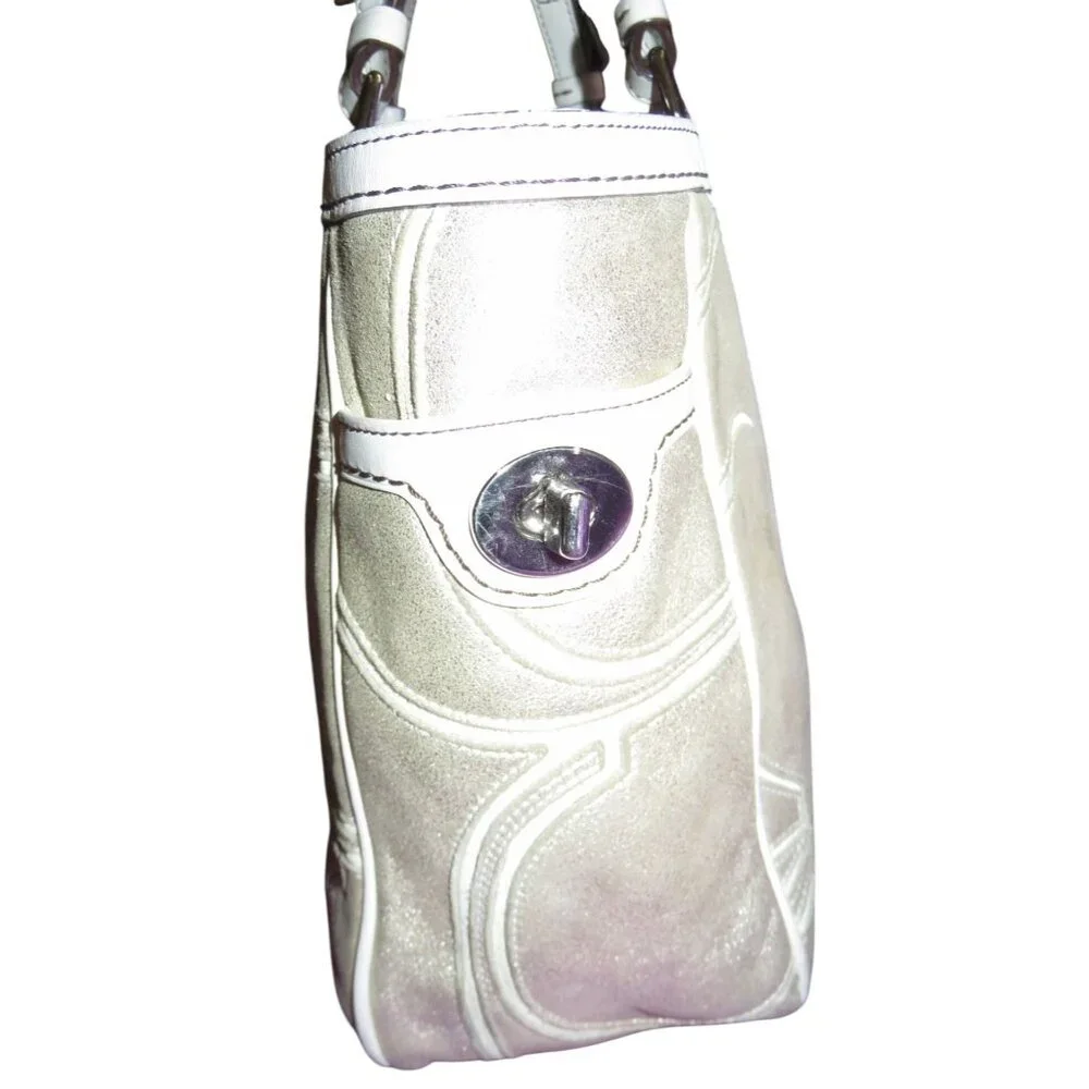 Coach 2005 Silver Leather Pierced Studded Signature Gallery Tote Brown Wristlet
